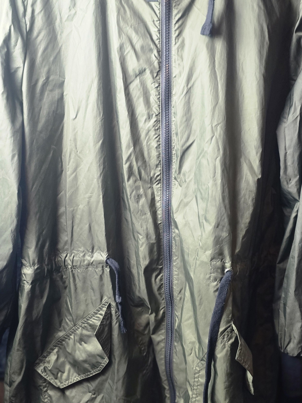 BB Dakota Olive Hooded Raincoat with Navy Accents